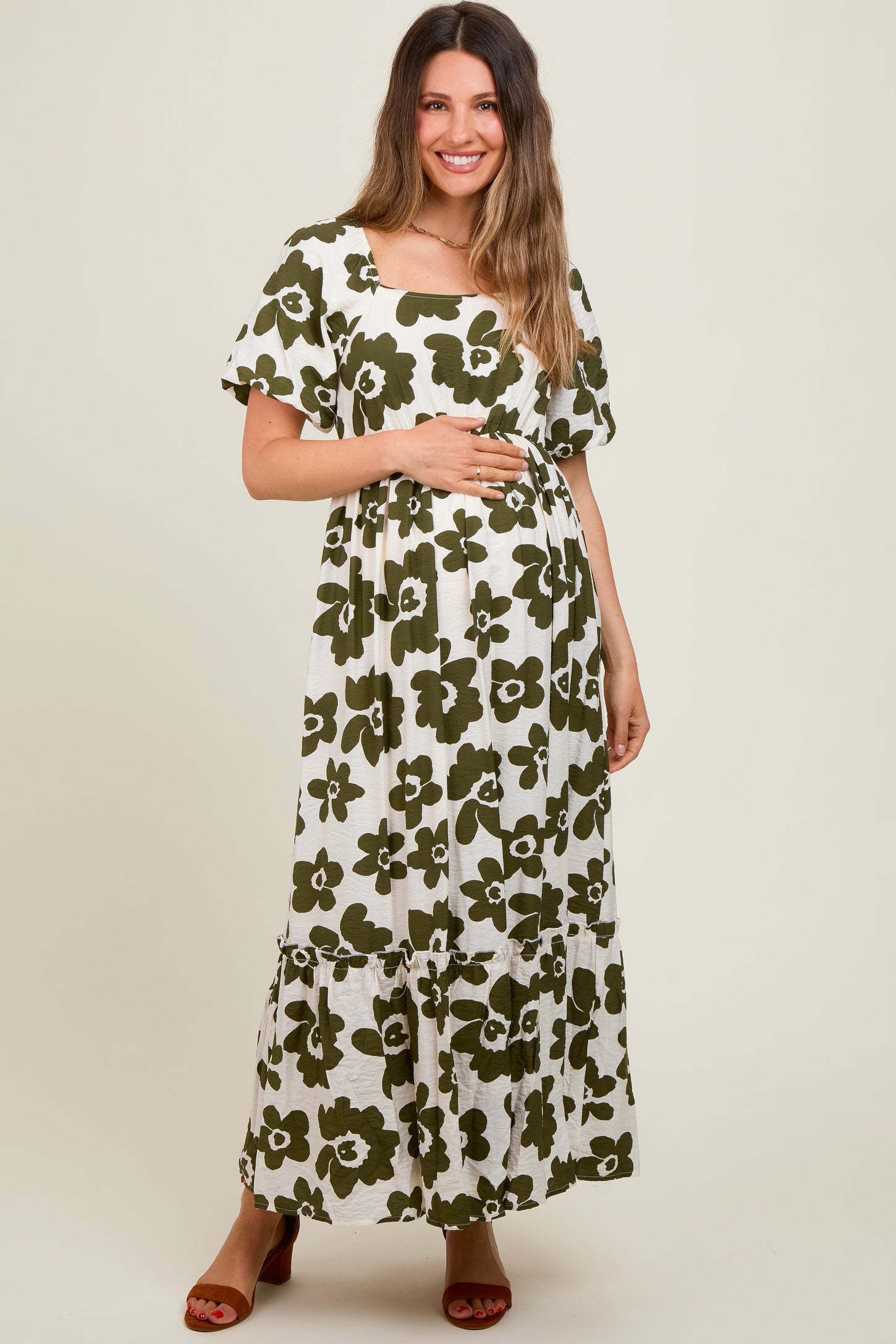 Olive Floral Puff Sleeve Maternity Maxi Dress