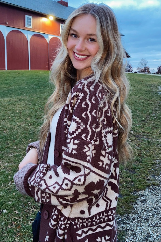 Mocha Printed Button Up Cardigan