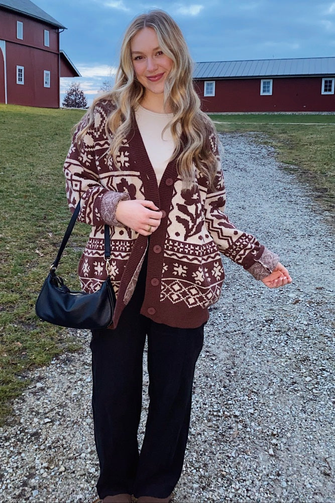 Mocha Printed Button Up Cardigan