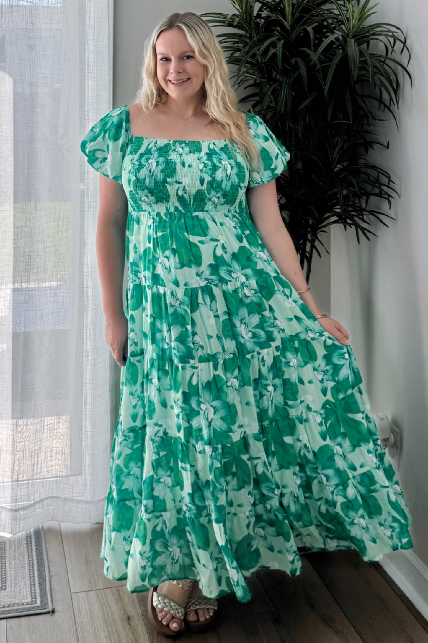 Green Floral Smocked Maxi Dress