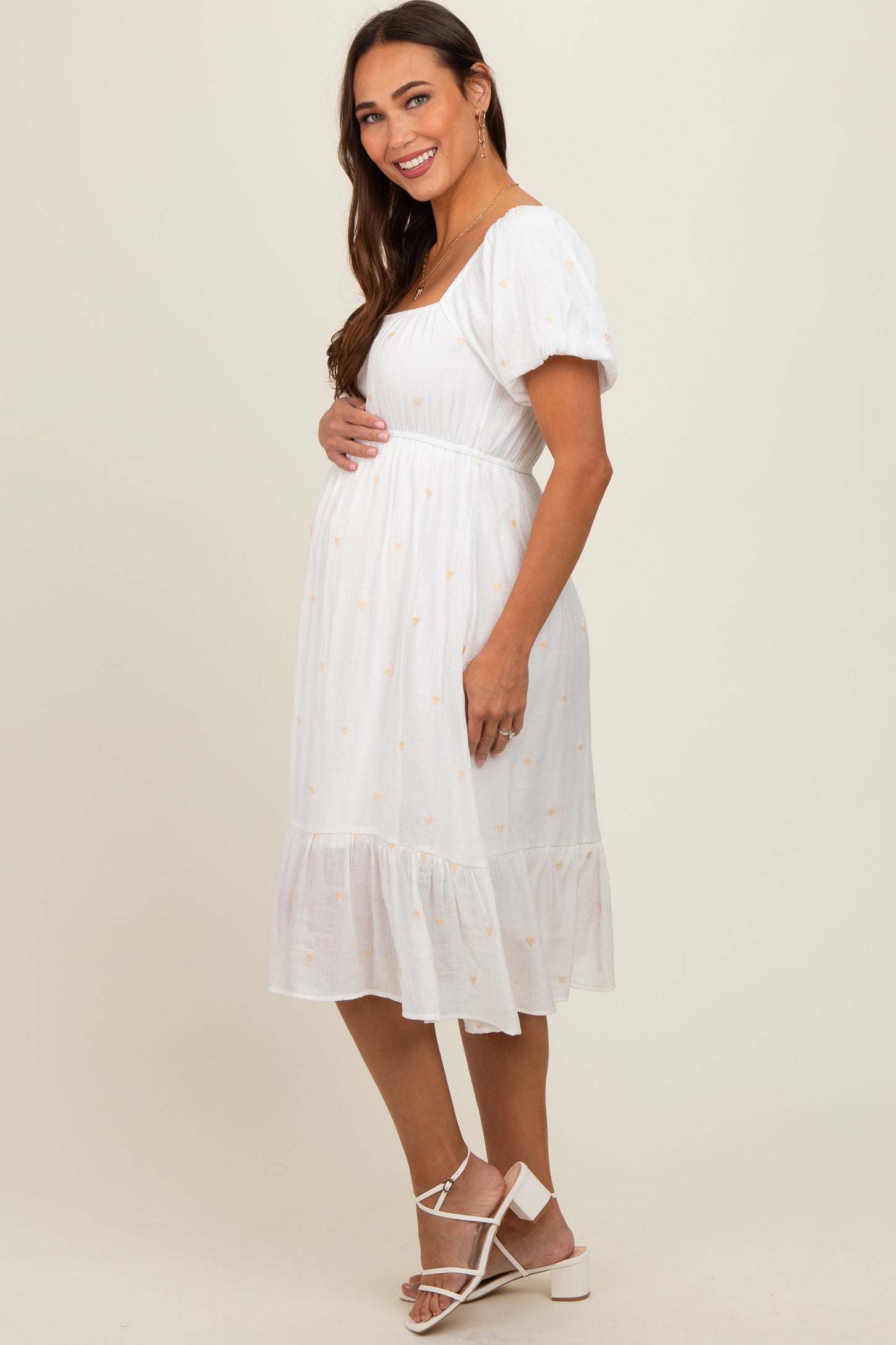 White Heart Embroidered Short Puff Sleeve Maternity Midi Dress