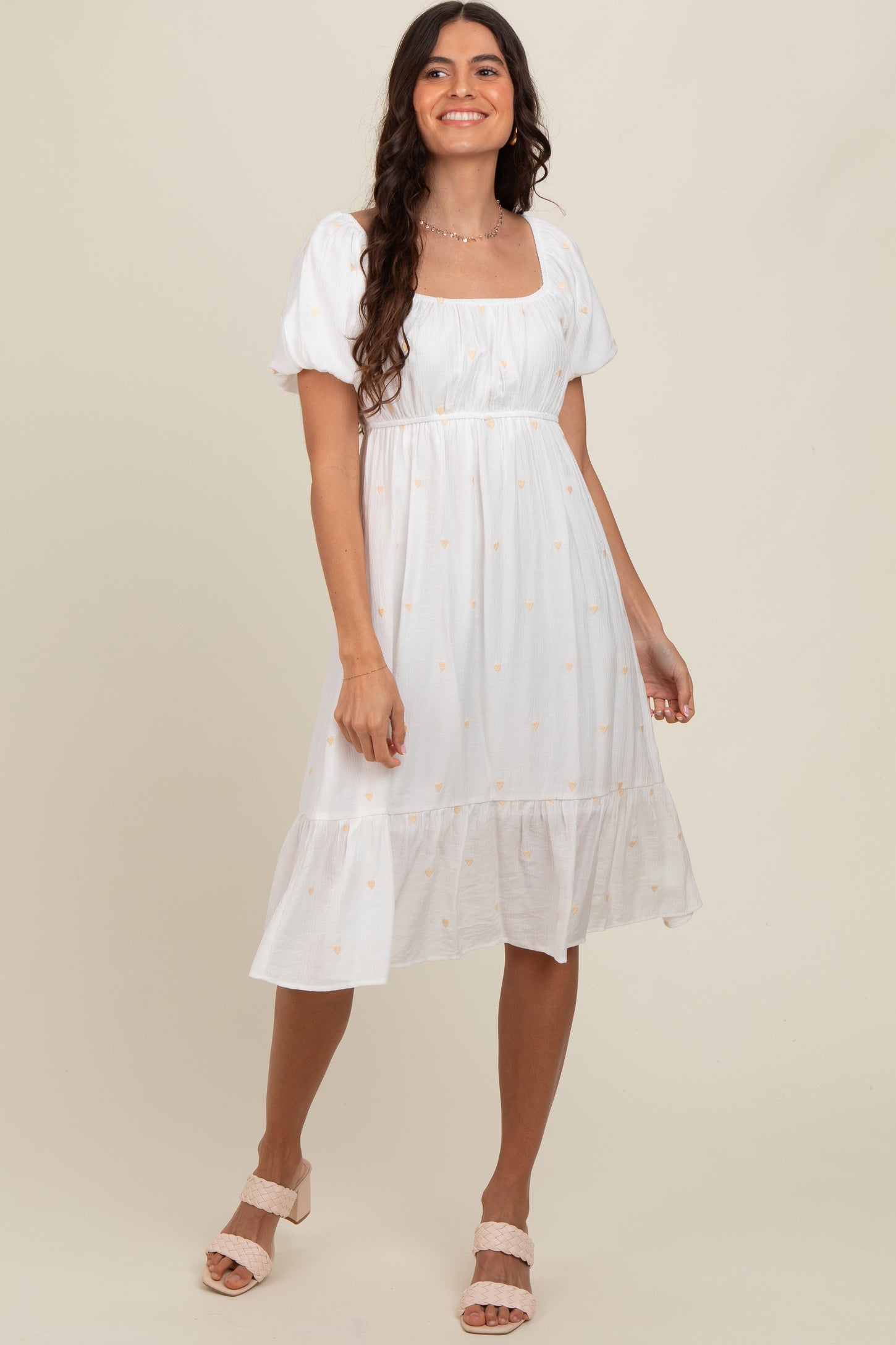 White Heart Embroidered Short Puff Sleeve Maternity Midi Dress
