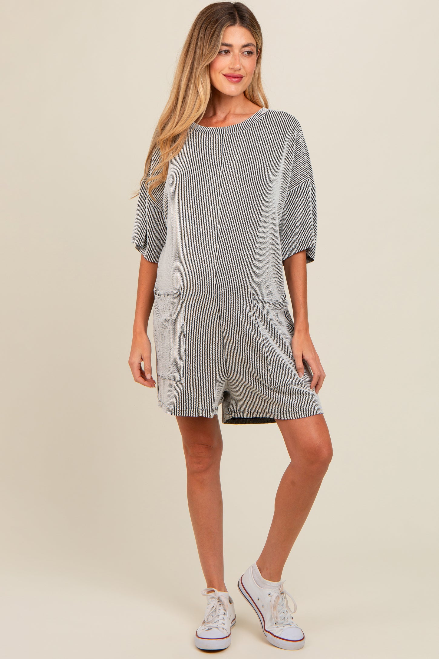 Charcoal Ribbed V-Back Maternity Romper