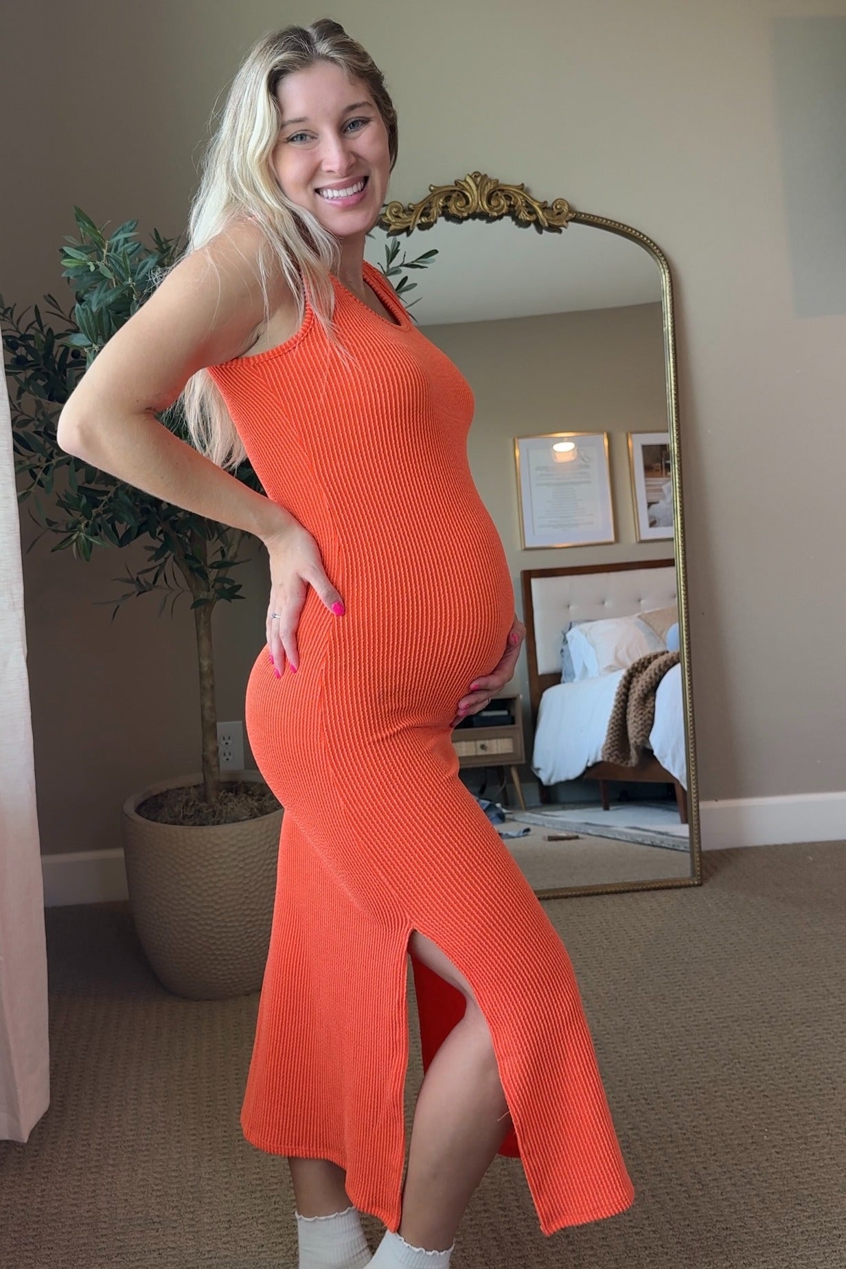 Orange Ribbed Side Slit Maternity Maxi Dress