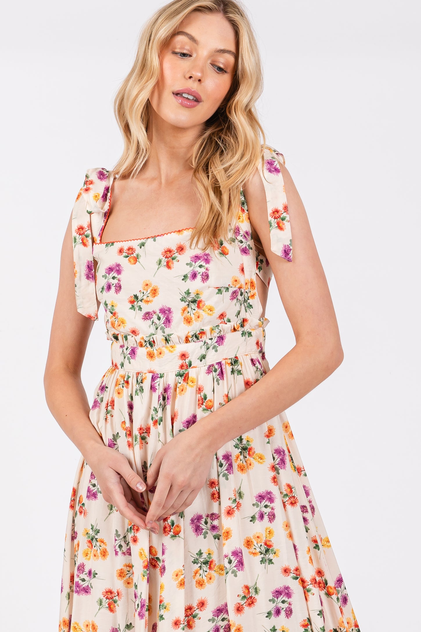 Cream Floral Open Back Midi Dress