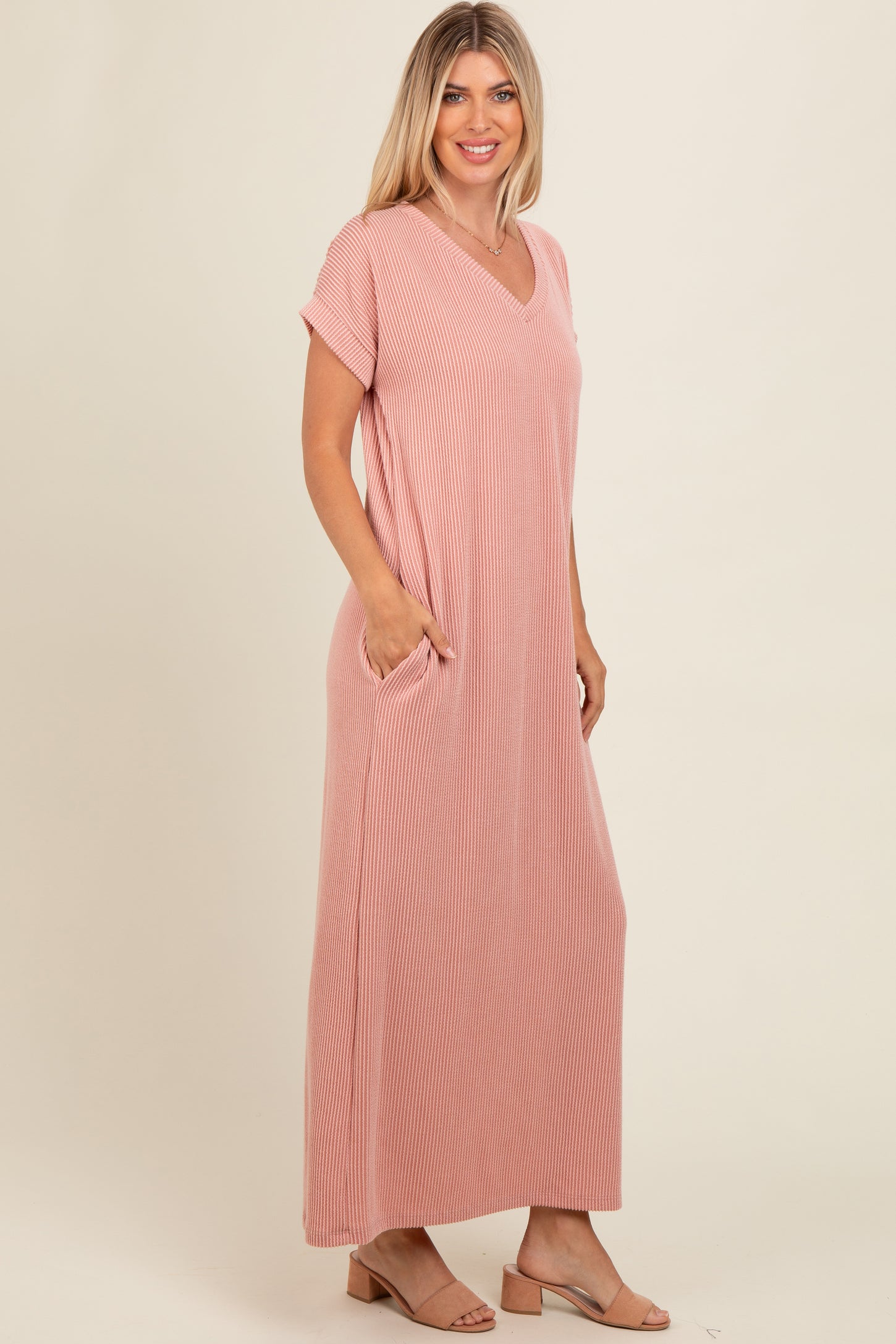 Salmon Ribbed V-Neck Midi Dress