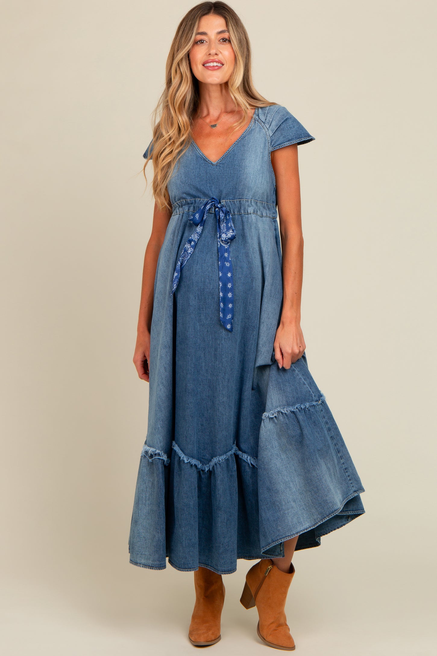 Blue Denim Sash Waist Maternity Maxi Dress – PinkBlush