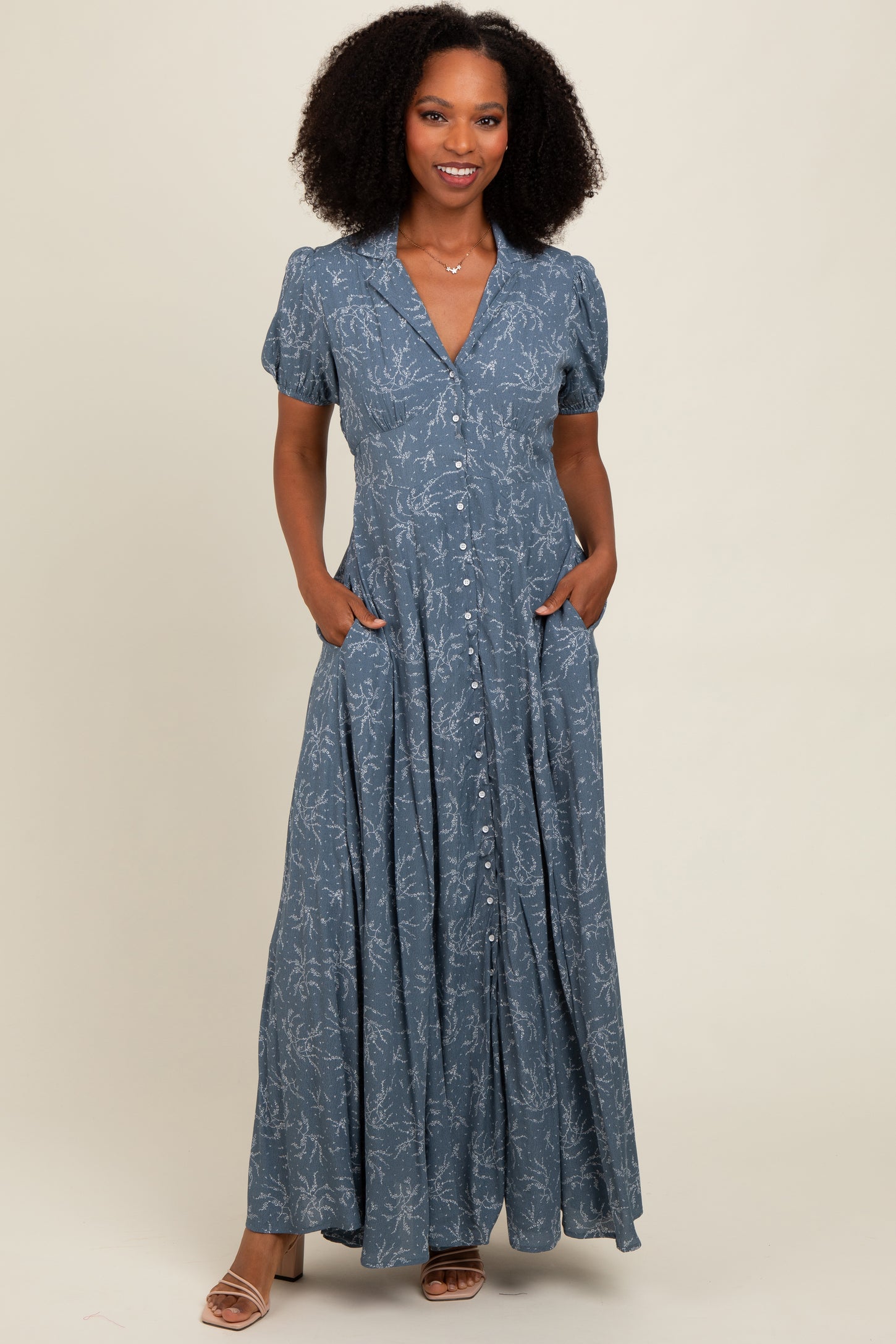 Blue Floral Button Down Maternity Maxi Dress