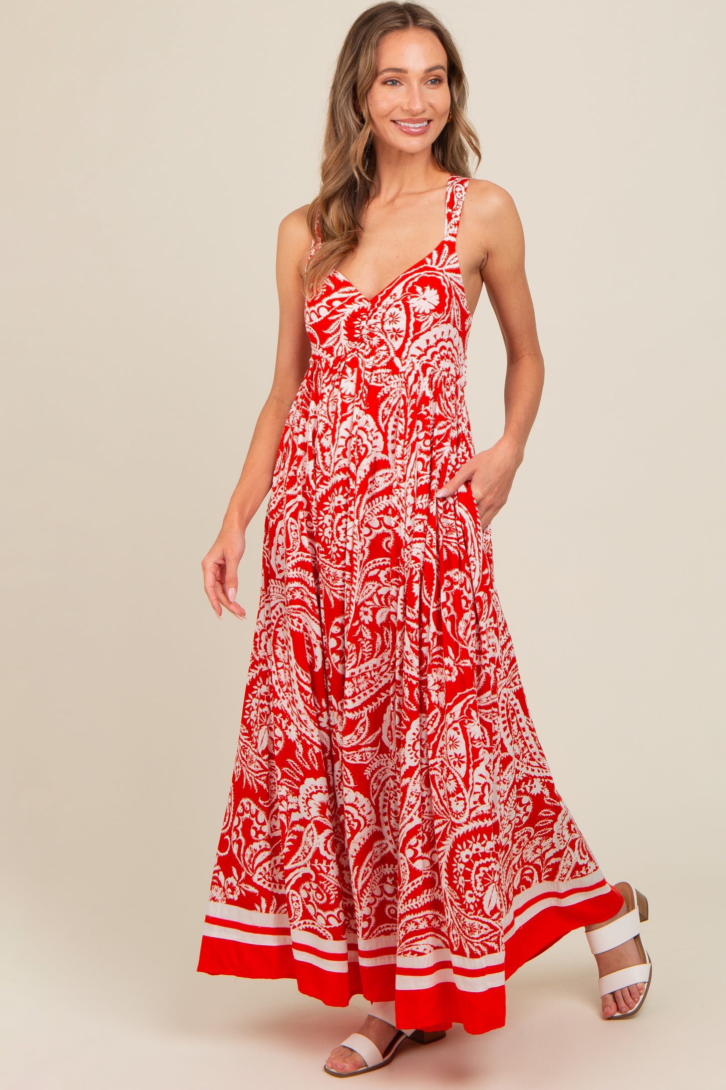 Red Paisley Cutout Back Maternity Maxi Dress