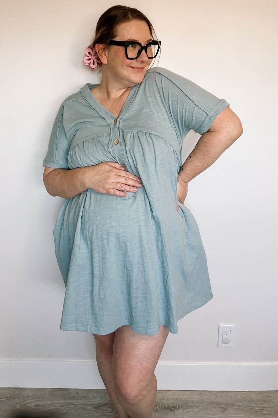 Teal Button Accent Cut Hem Detail Maternity Dress