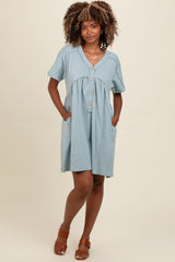 Teal Button Accent Cut Hem Detail Dress