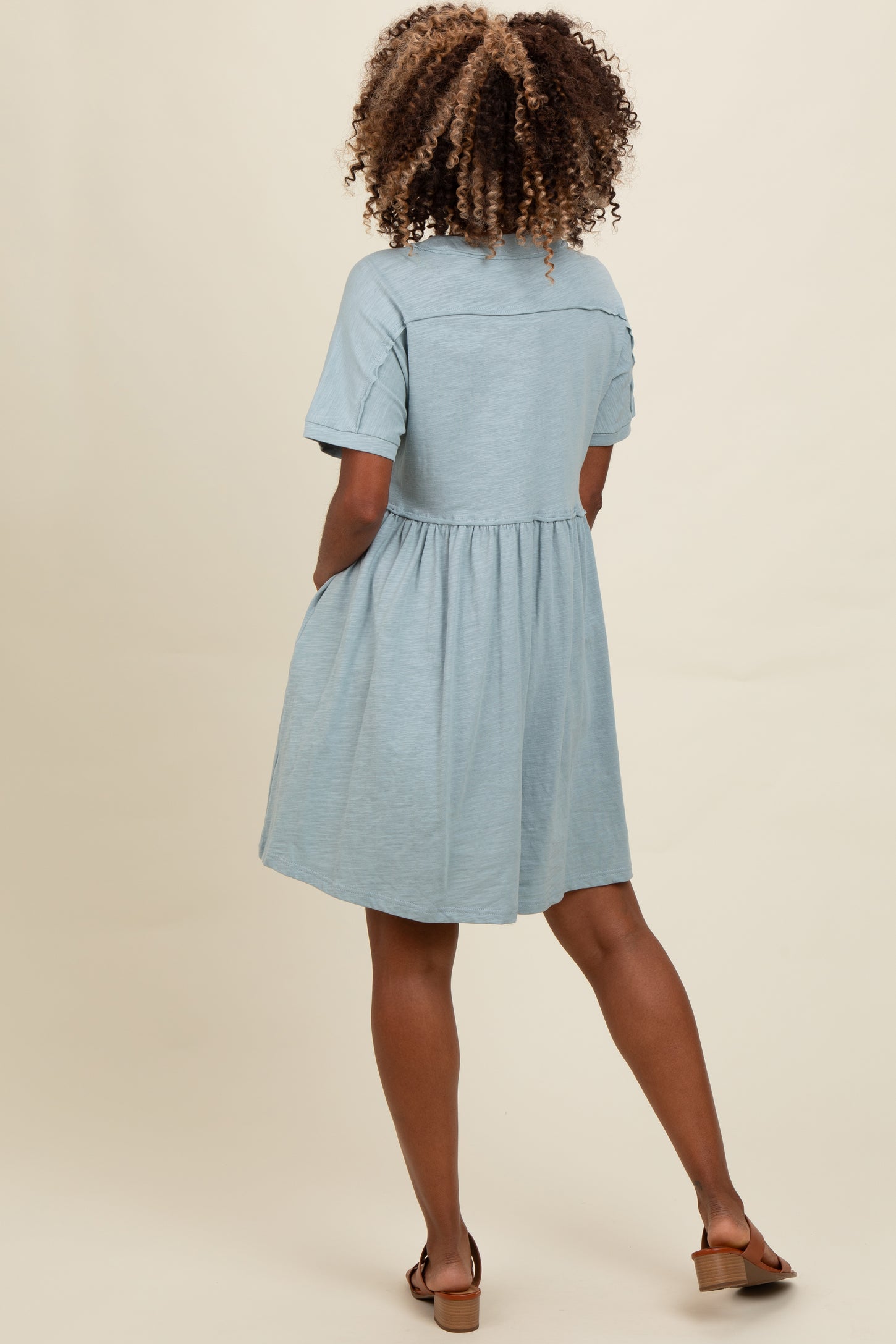 Teal Button Accent Cut Hem Detail Dress