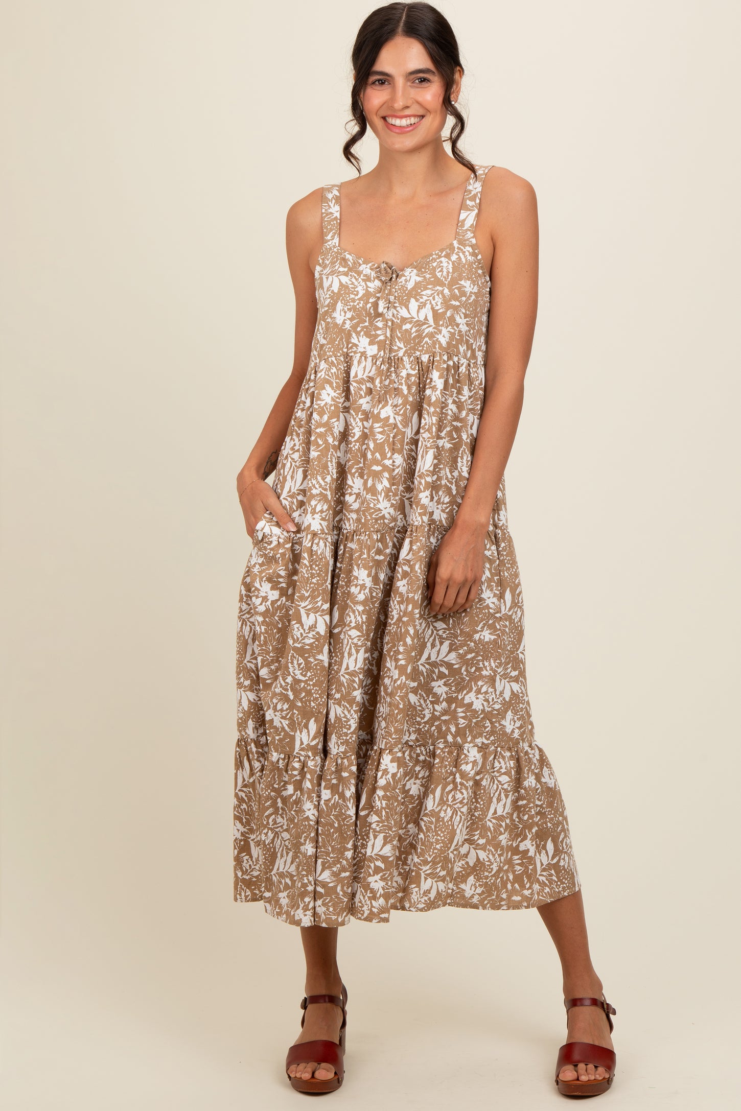 Camel Floral Tiered Maternity Midi Dress