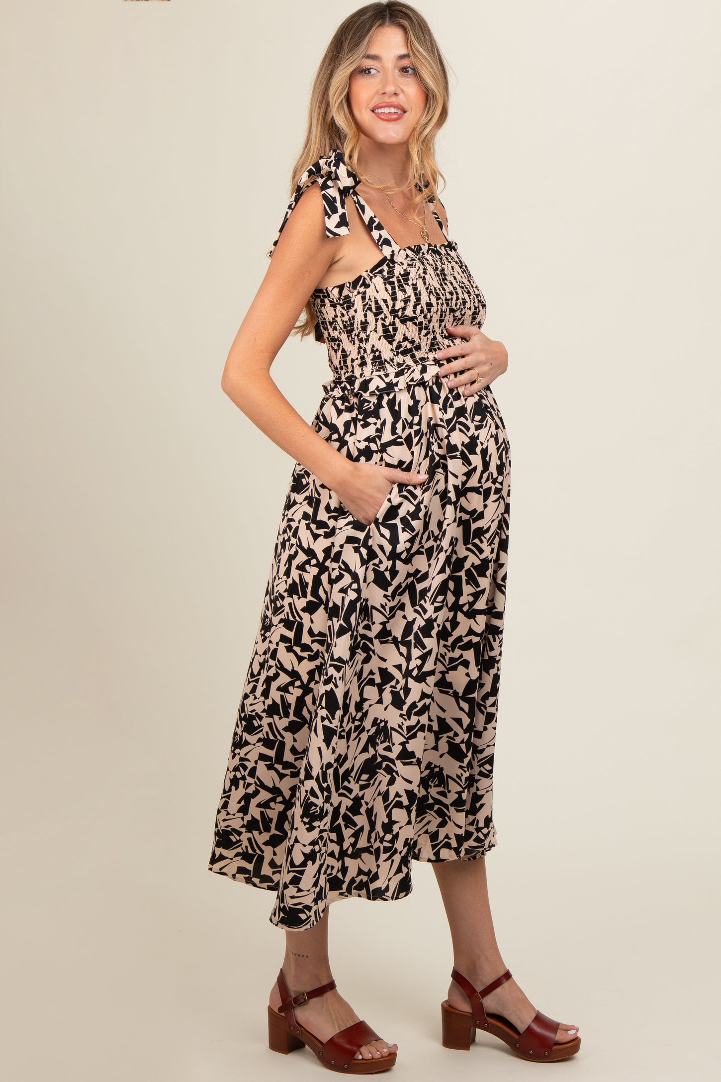 Black Printed Smocked Shoulder Tie Maternity Midi Dress