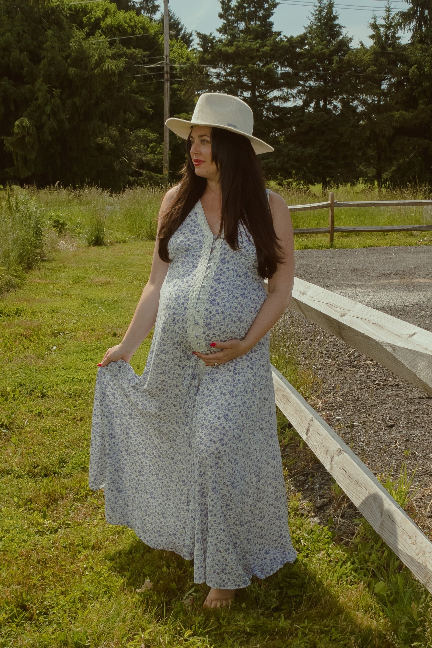 Periwinkle Floral Crochet Trim Button Down Maternity Maxi Dress