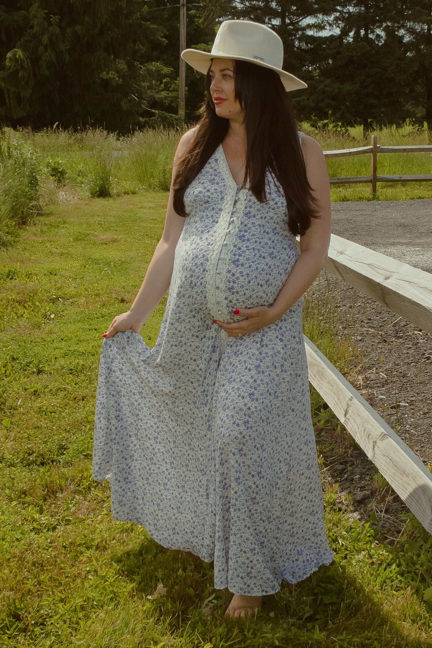 Periwinkle Floral Crochet Trim Button Down Maternity Maxi Dress