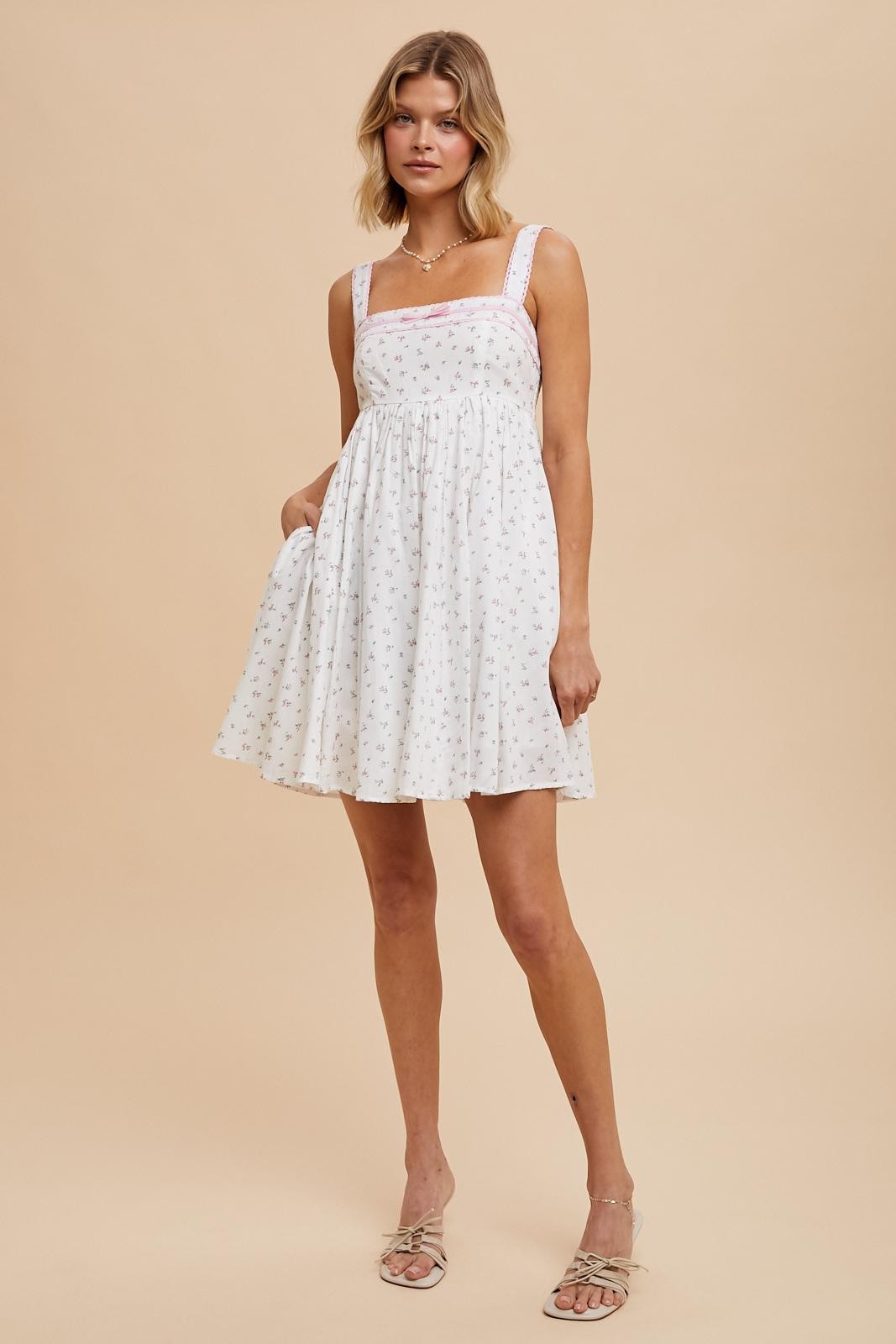 Light Pink Floral Bow Detail Mini Dress