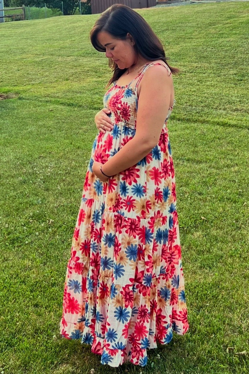 Coral Floral Smocked Shoulder Tie Maternity Maxi Dress