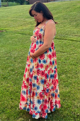 Coral Floral Smocked Shoulder Tie Maternity Maxi Dress