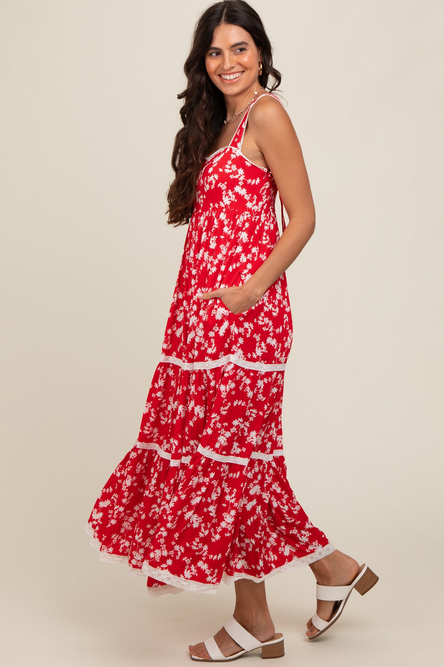 Red Floral Lace Trim Tiered Maxi Dress