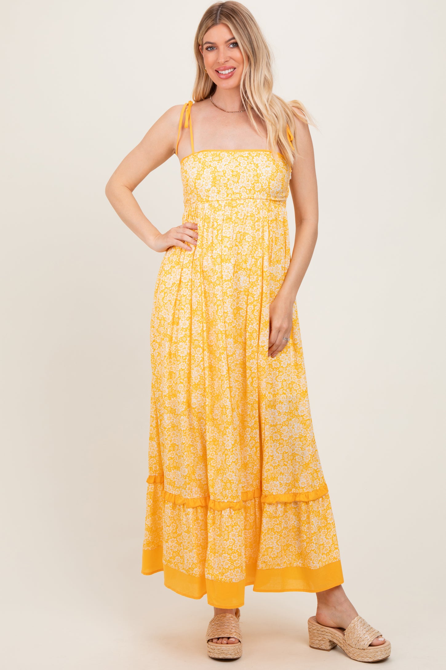 Yellow Floral Shoulder Tie Maxi Dress