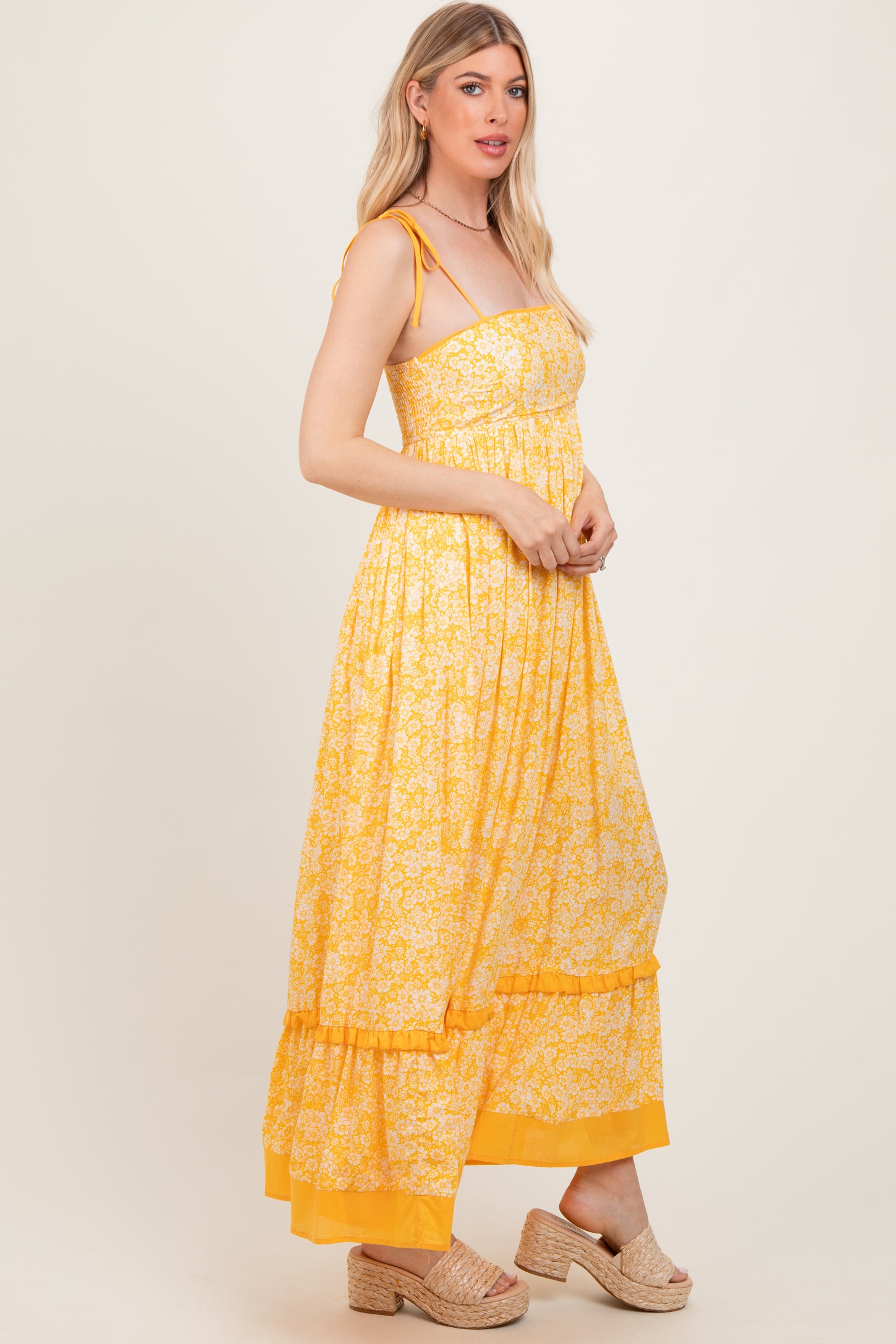 Yellow Floral Shoulder Tie Maxi Dress