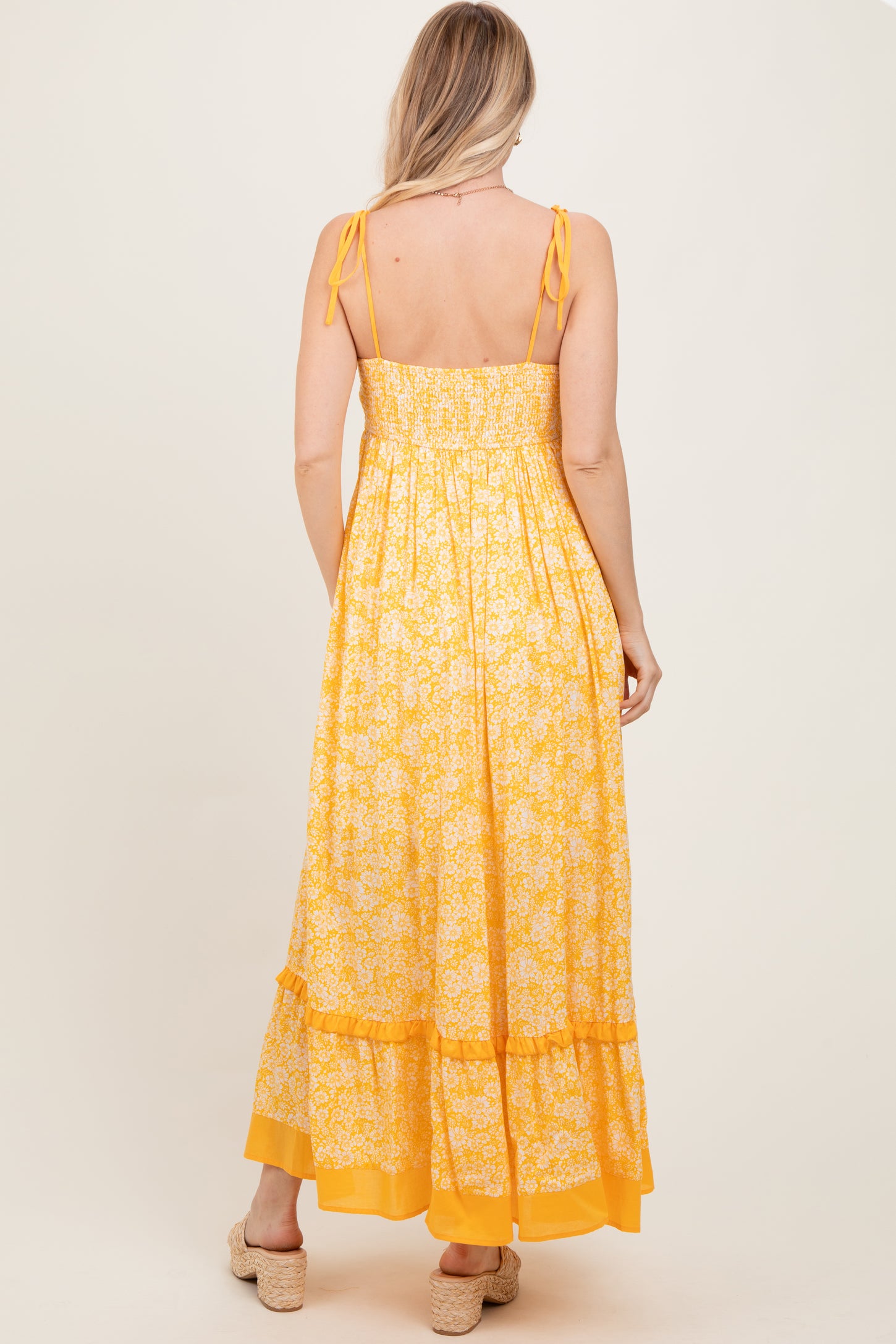 Yellow Floral Shoulder Tie Maxi Dress