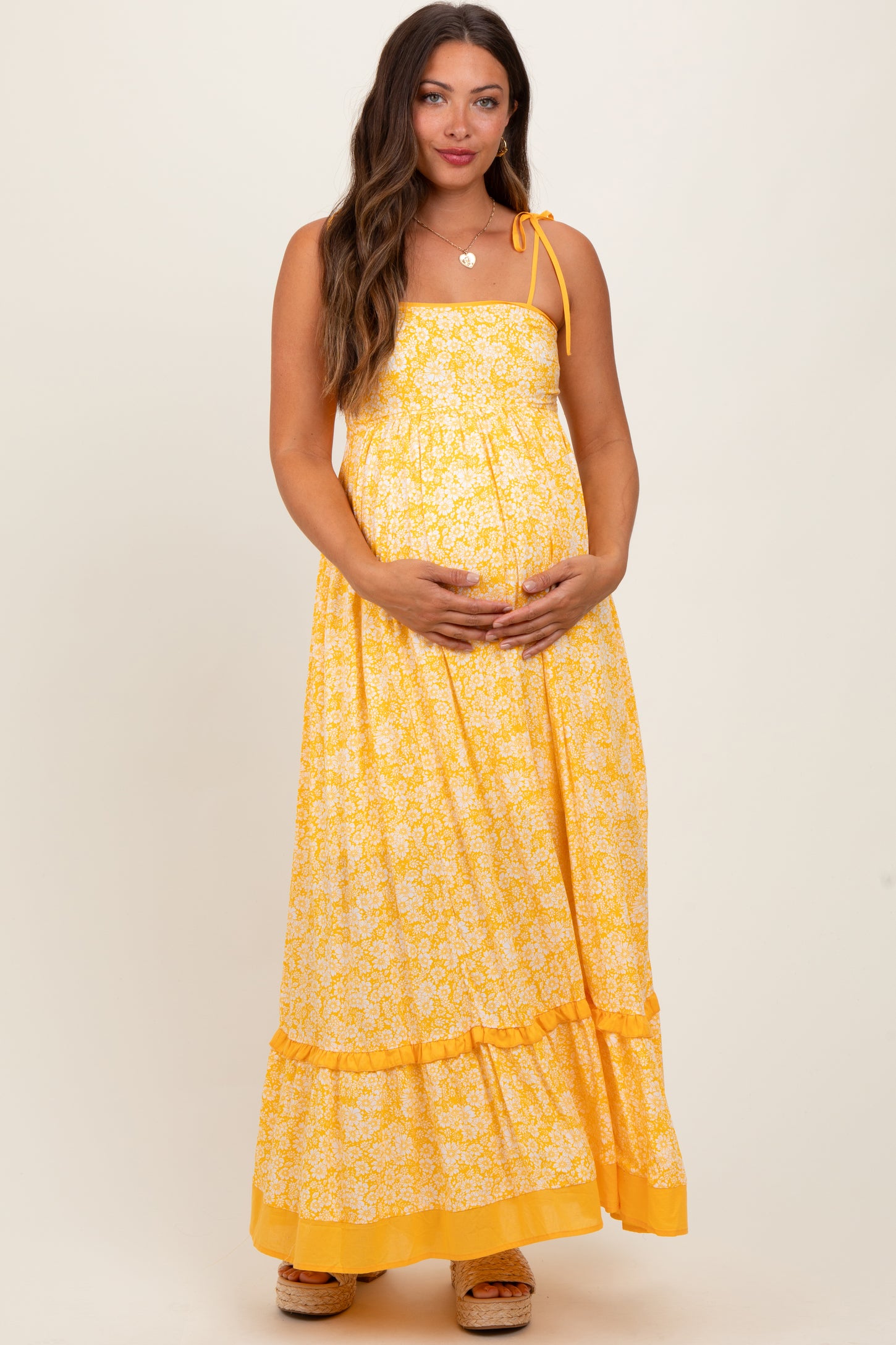 Yellow Floral Shoulder Tie Maternity Maxi Dress
