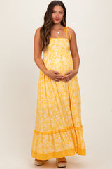 Yellow Floral Shoulder Tie Maternity Maxi Dress