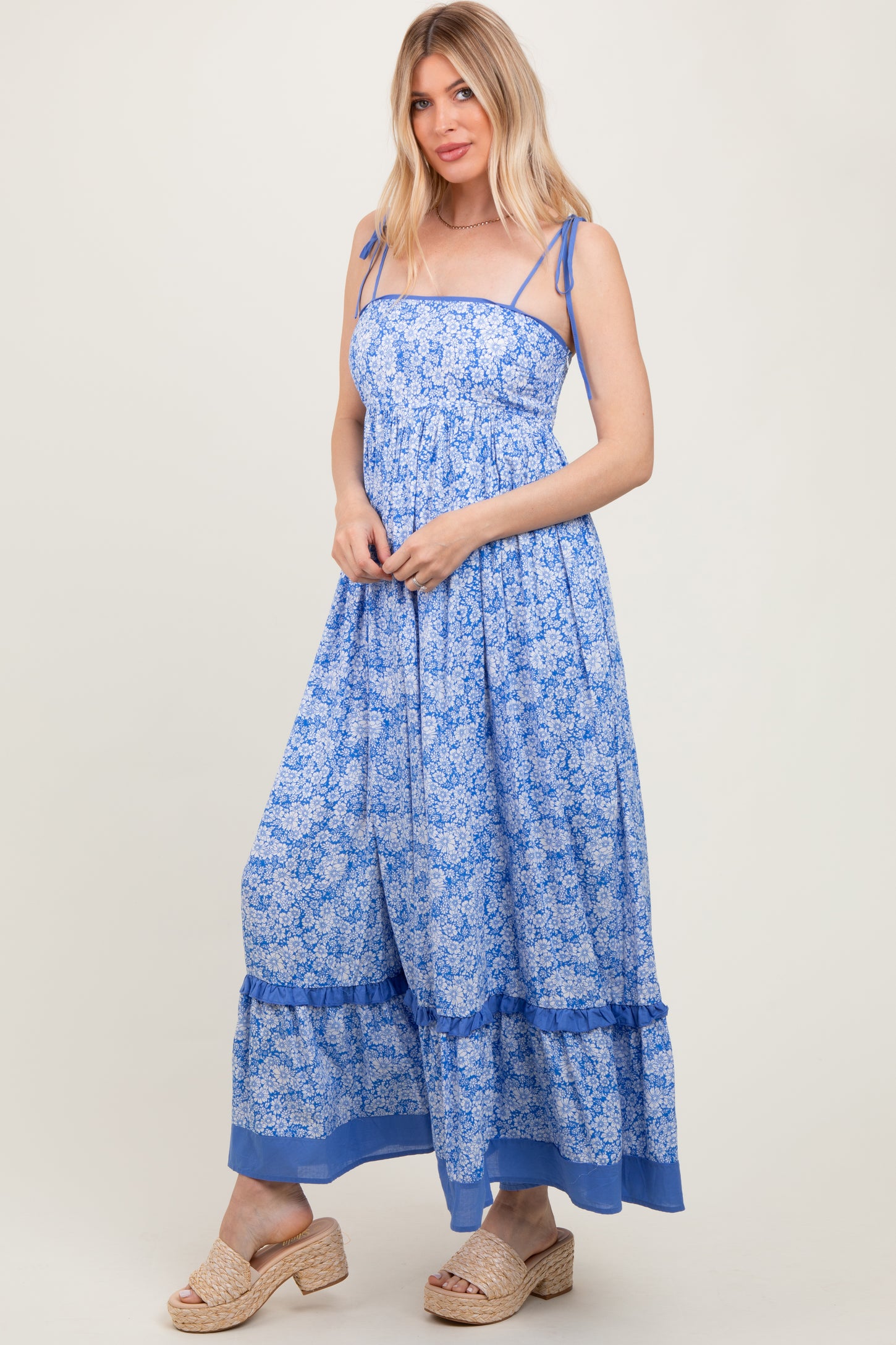 Blue Floral Shoulder Tie Maxi Dress