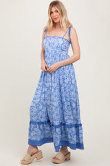 Blue Floral Shoulder Tie Maxi Dress