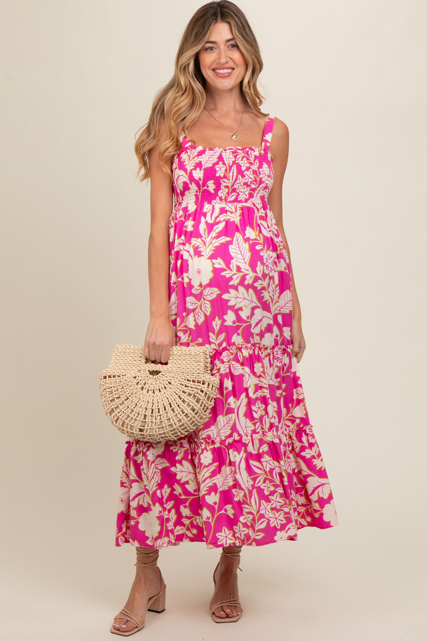 Fuchsia Floral Smocked Tiered Maternity Midi Dress