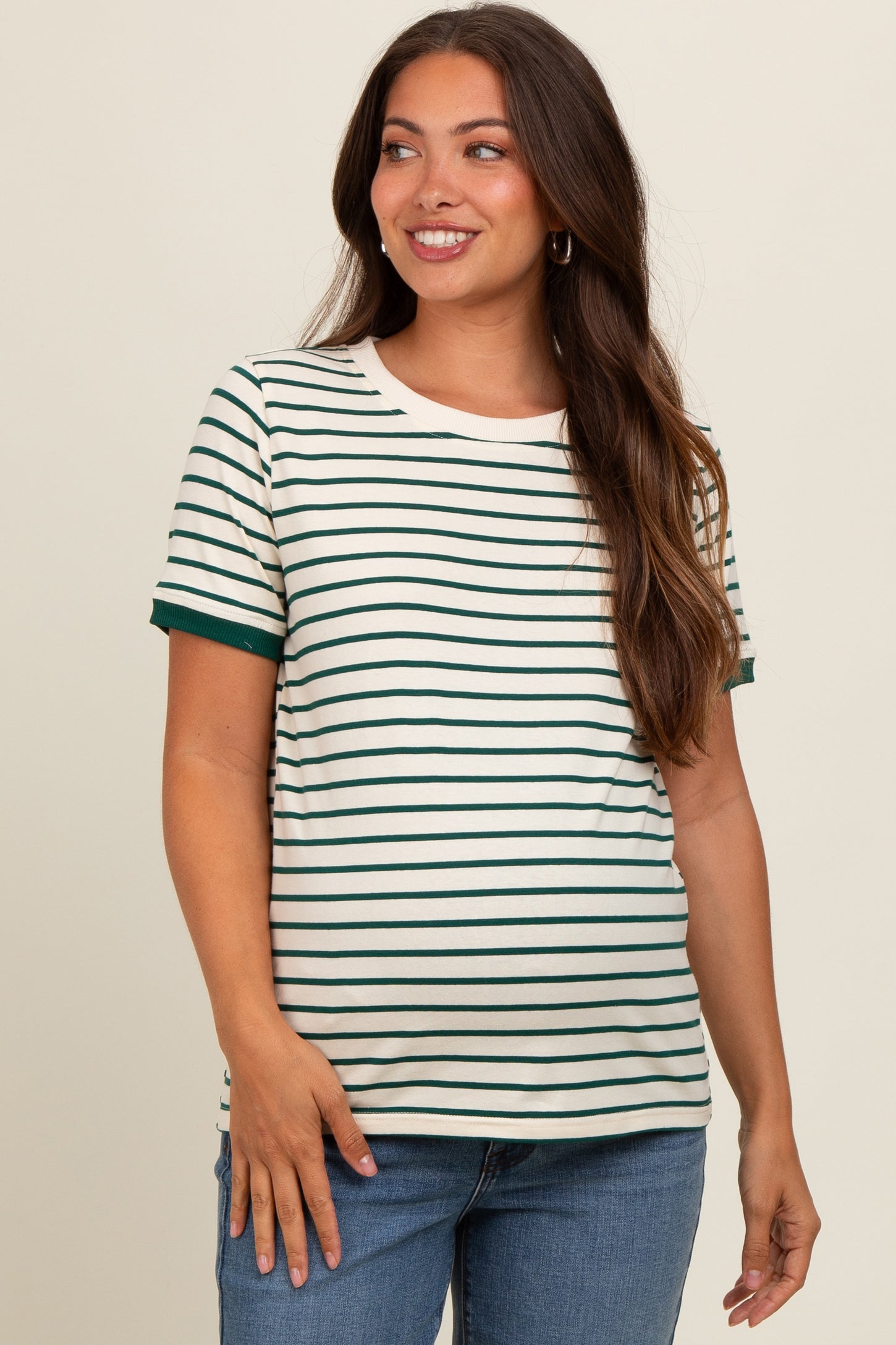 Deep Teal Striped Maternity Short Sleeve Top