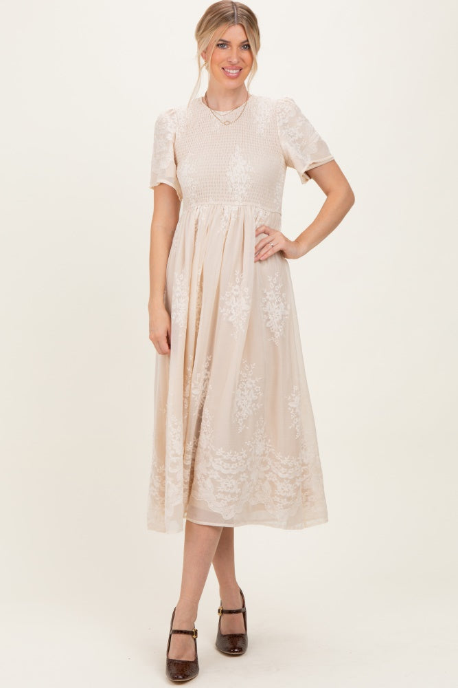Cream Embroidered Smocked Midi Dress