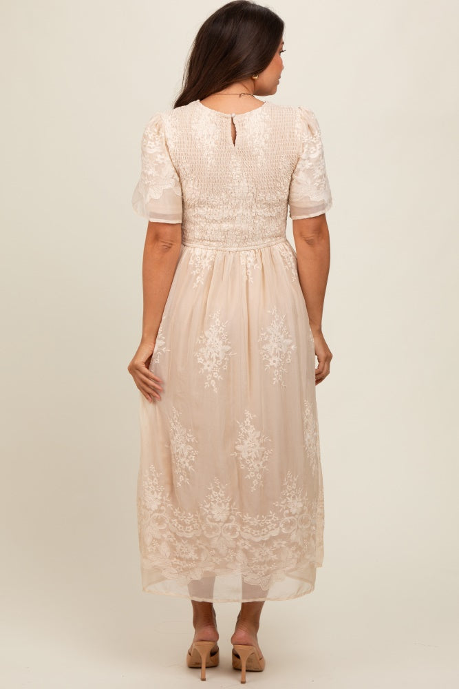 Cream Embroidered Smocked Maternity Midi Dress