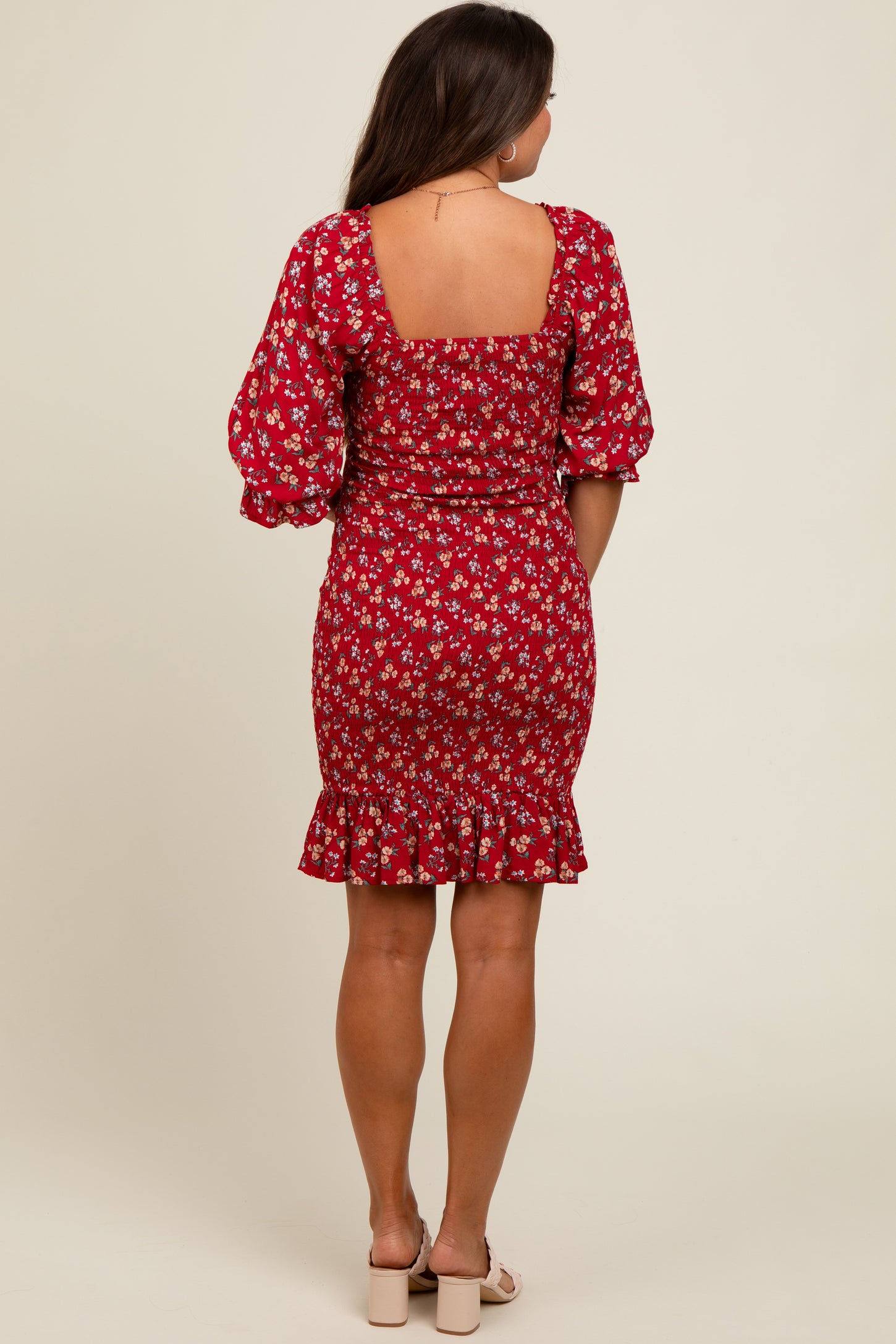 Red Floral Smocked Fitted Maternity Dress