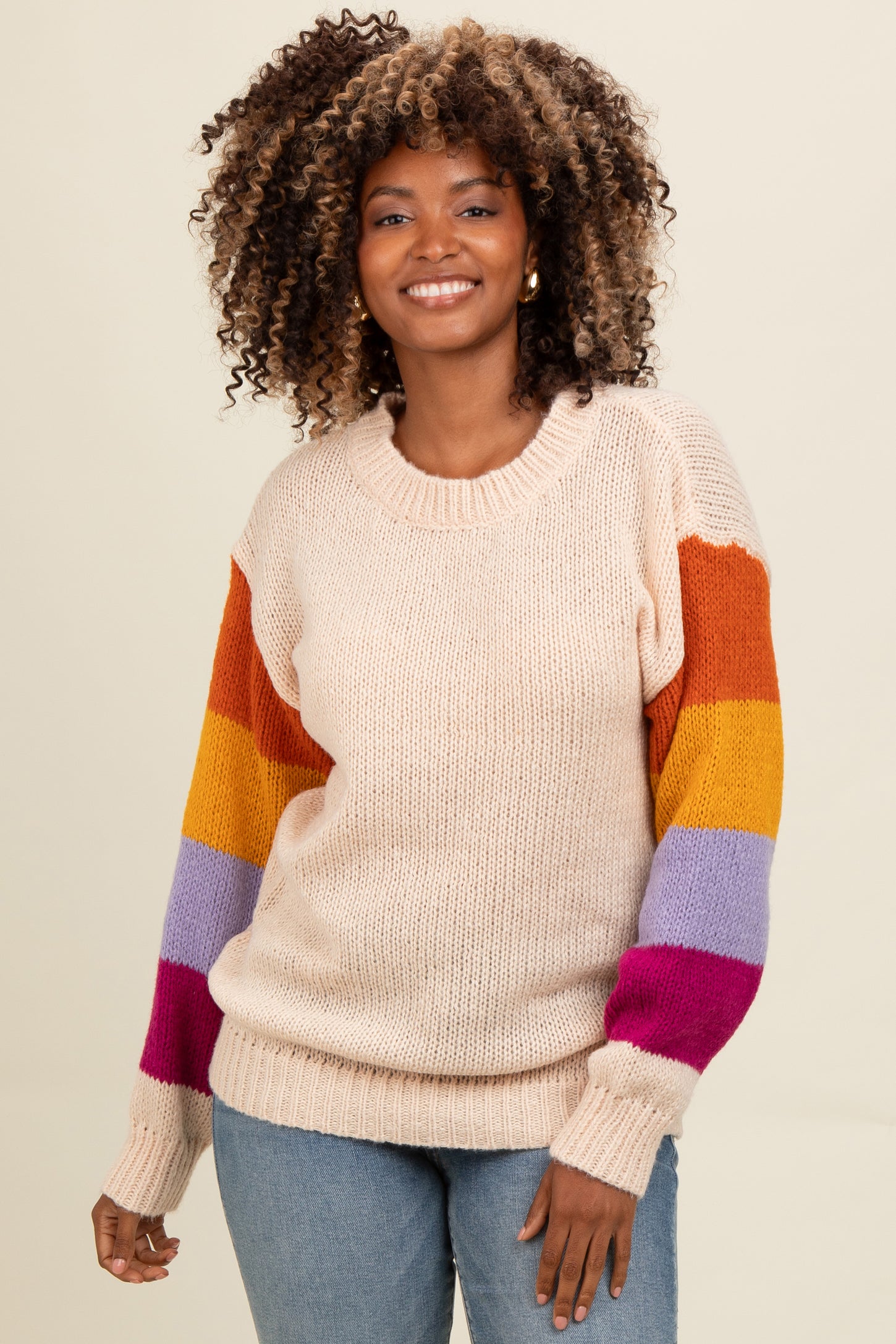 Cream Colorblock Sleeve Sweater