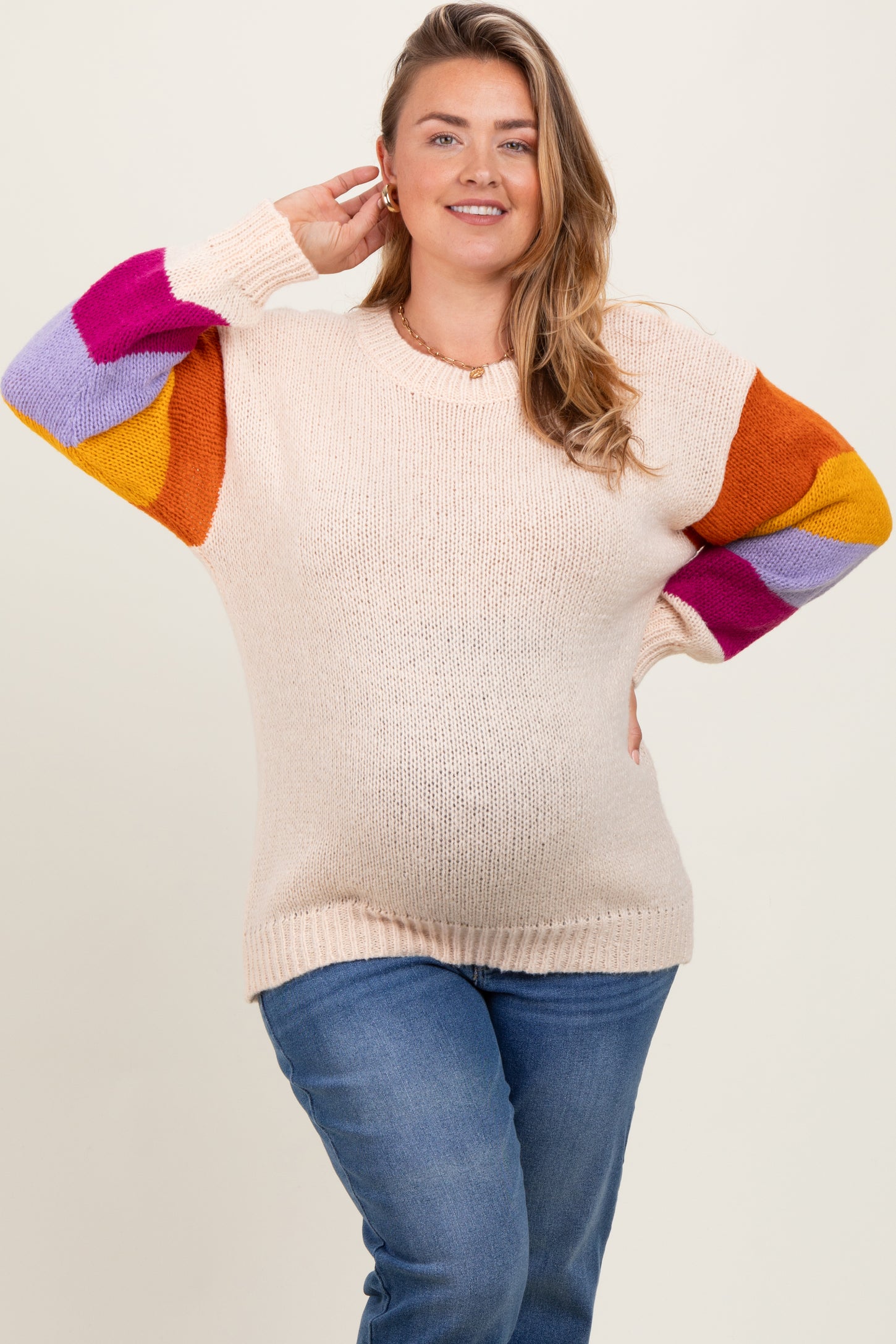 Cream Colorblock Sleeve Maternity Plus Sweater