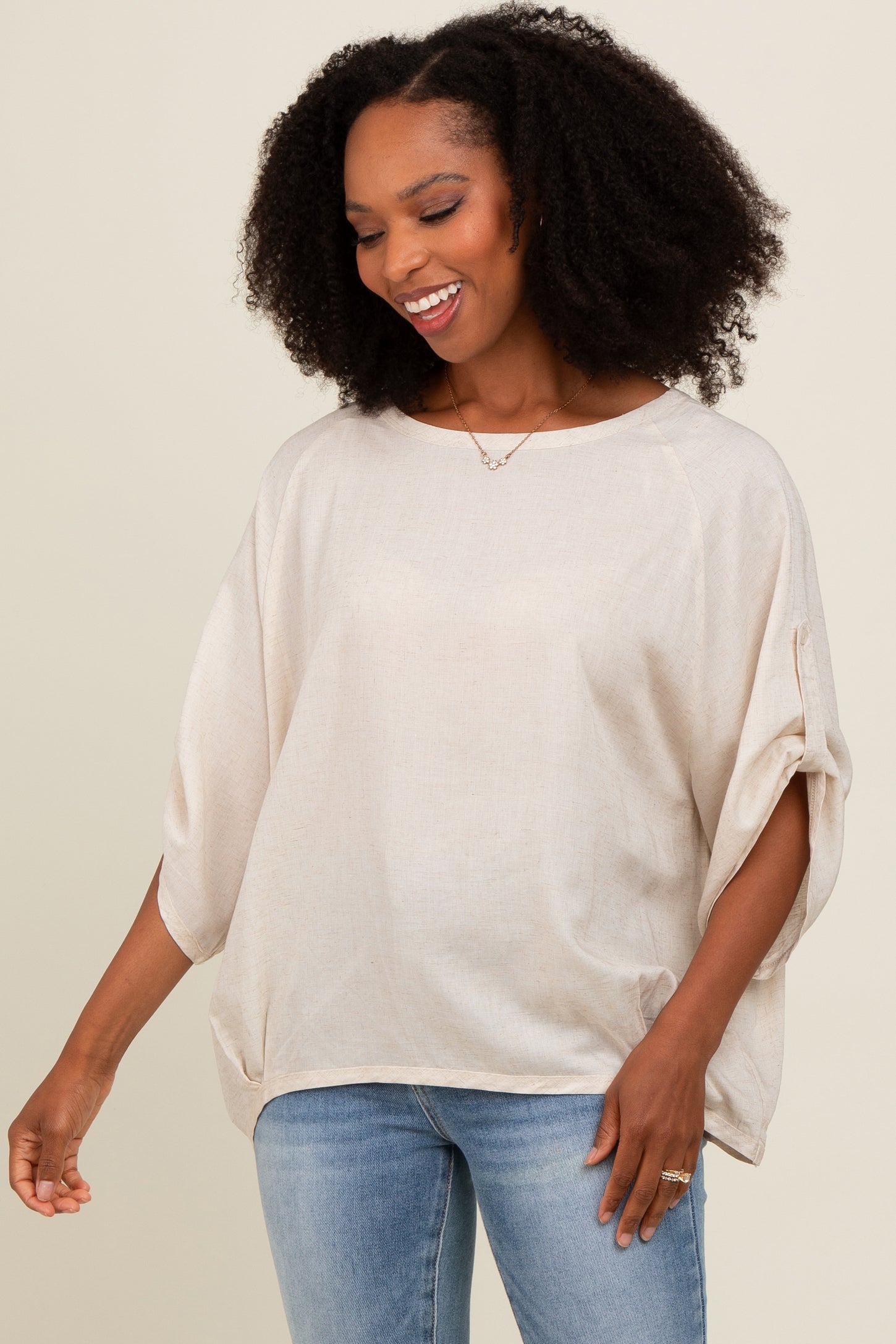 Cream Rolled Cuff Short Sleeve Top