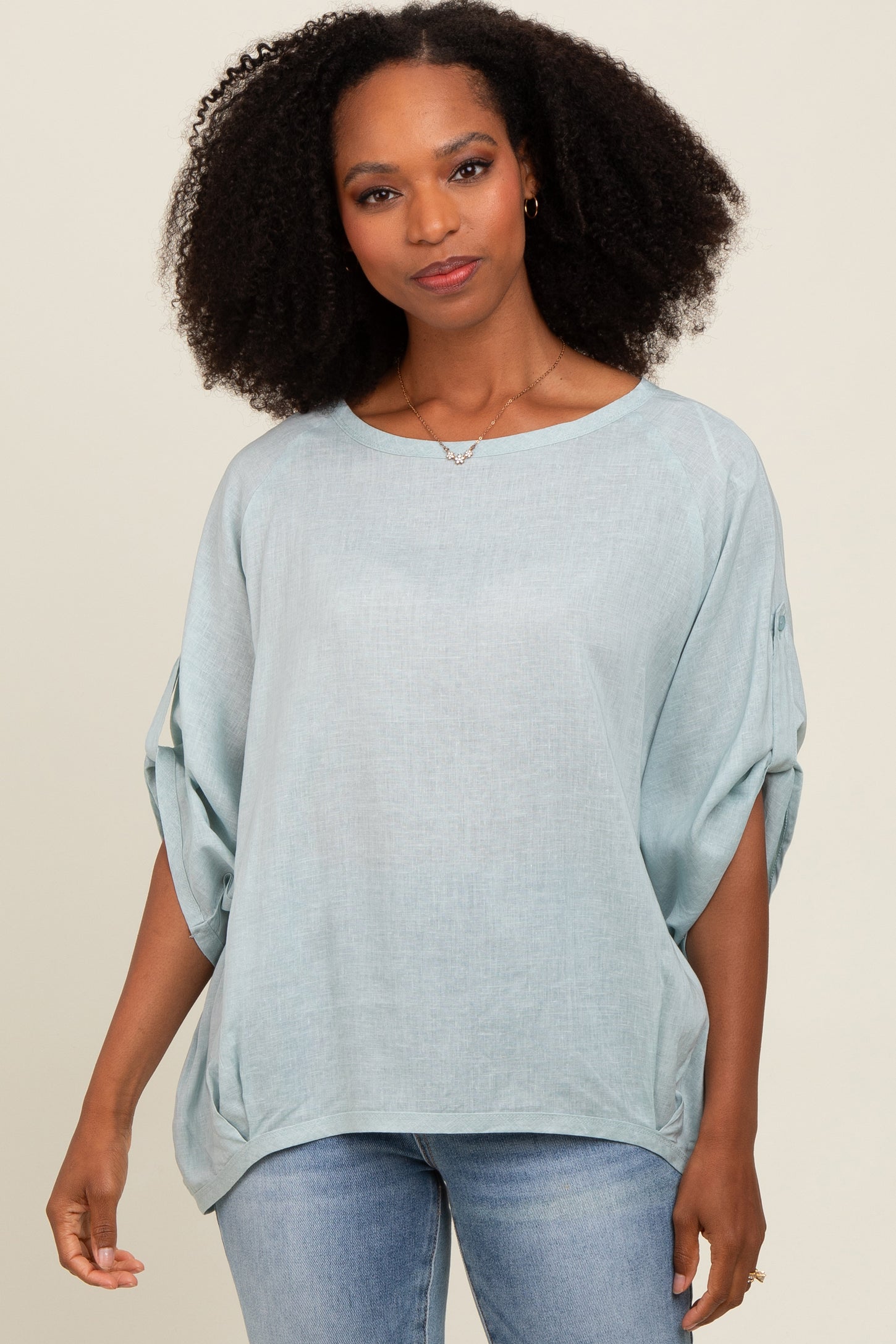 Light Blue Rolled Cuff Short Sleeve Maternity Top