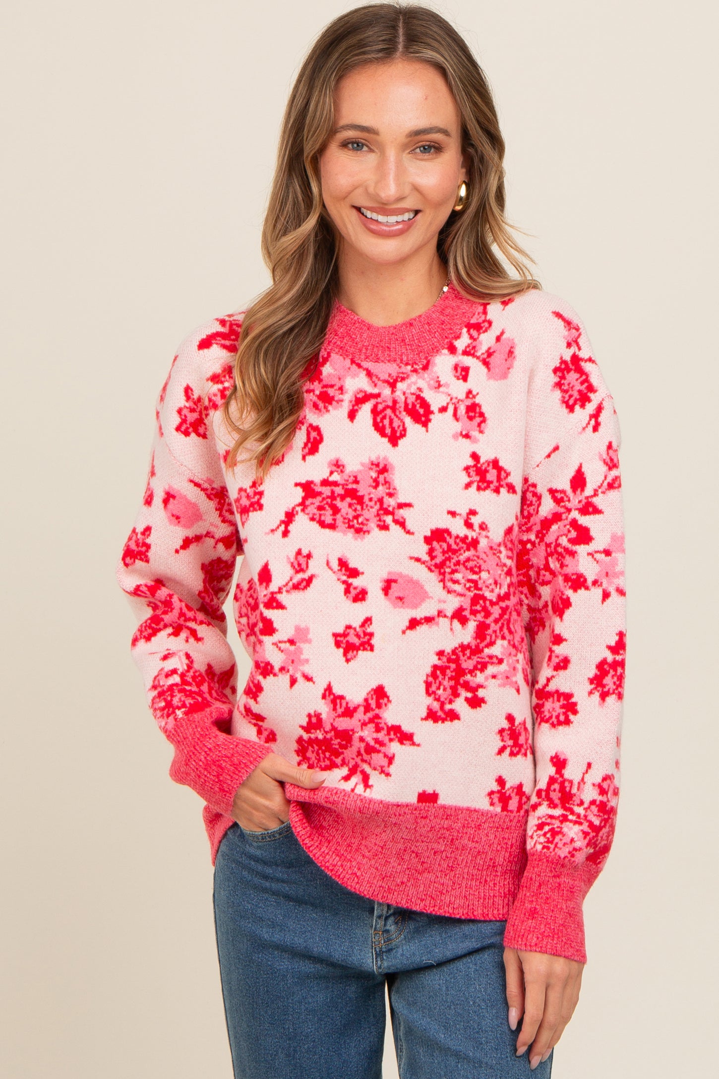 Pink Floral Crew Neck Maternity Sweater