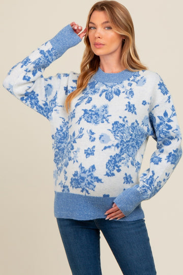 Blue Floral Crew Neck Maternity Sweater