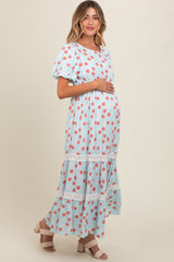 Light Blue Floral Lace Trim Maternity Maxi Dress