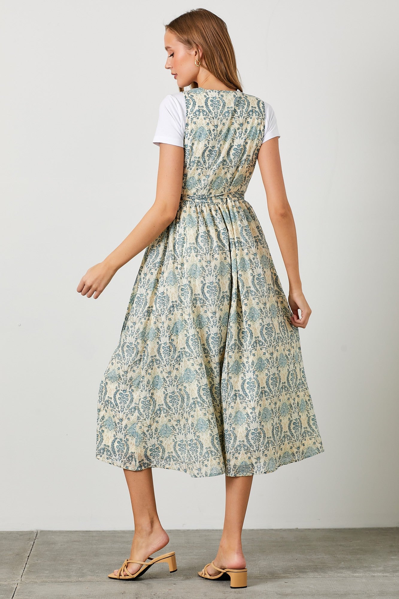 Blue Floral Damask Wrap Midi Dress