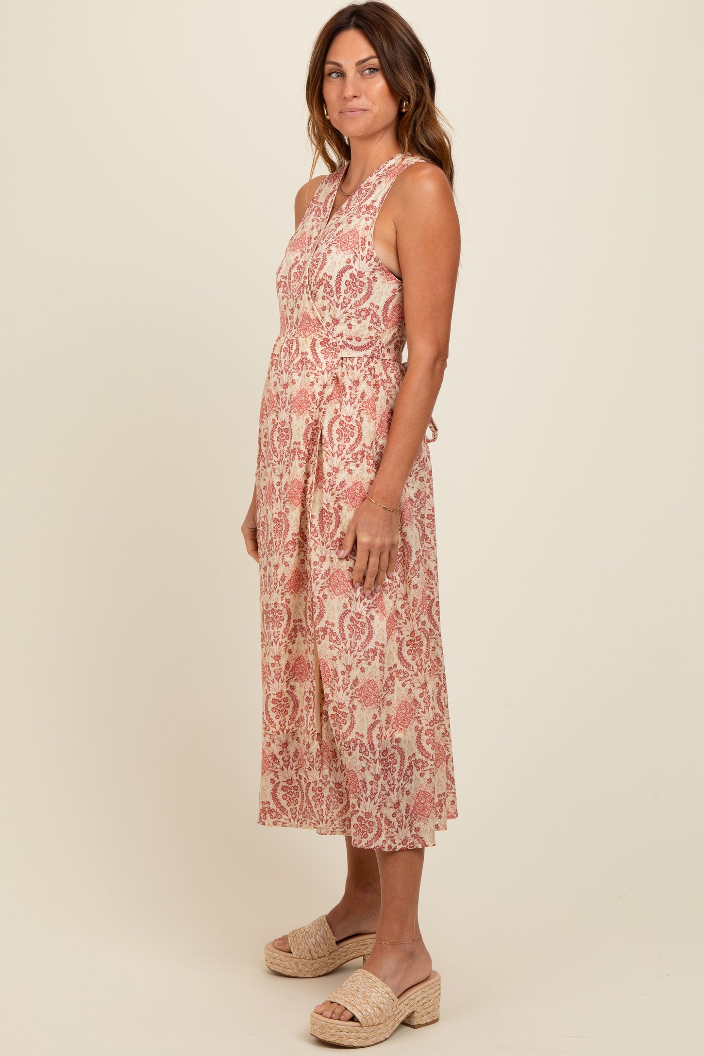 Red Floral Damask Wrap Midi Dress