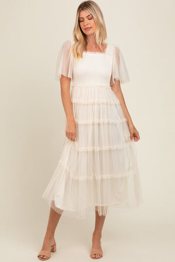 Beige Ruffled Mesh Maxi Dress