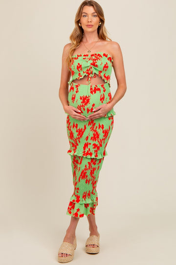 Lime Floral Smocked Drawstring Front Cutout Ruffle Trim Maternity Midi Dress