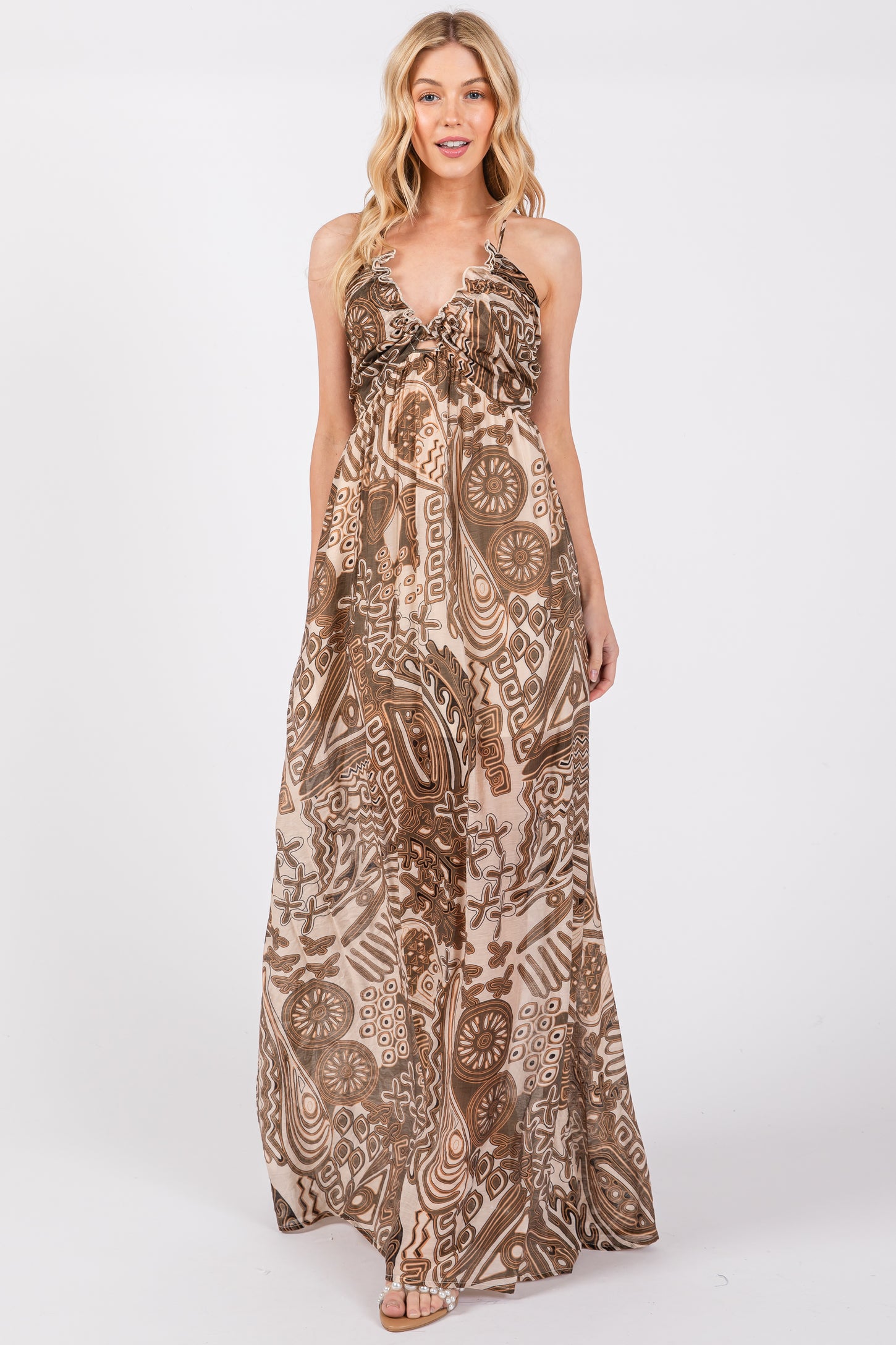Brown Printed Halter Cutout Maternity Maxi Dress