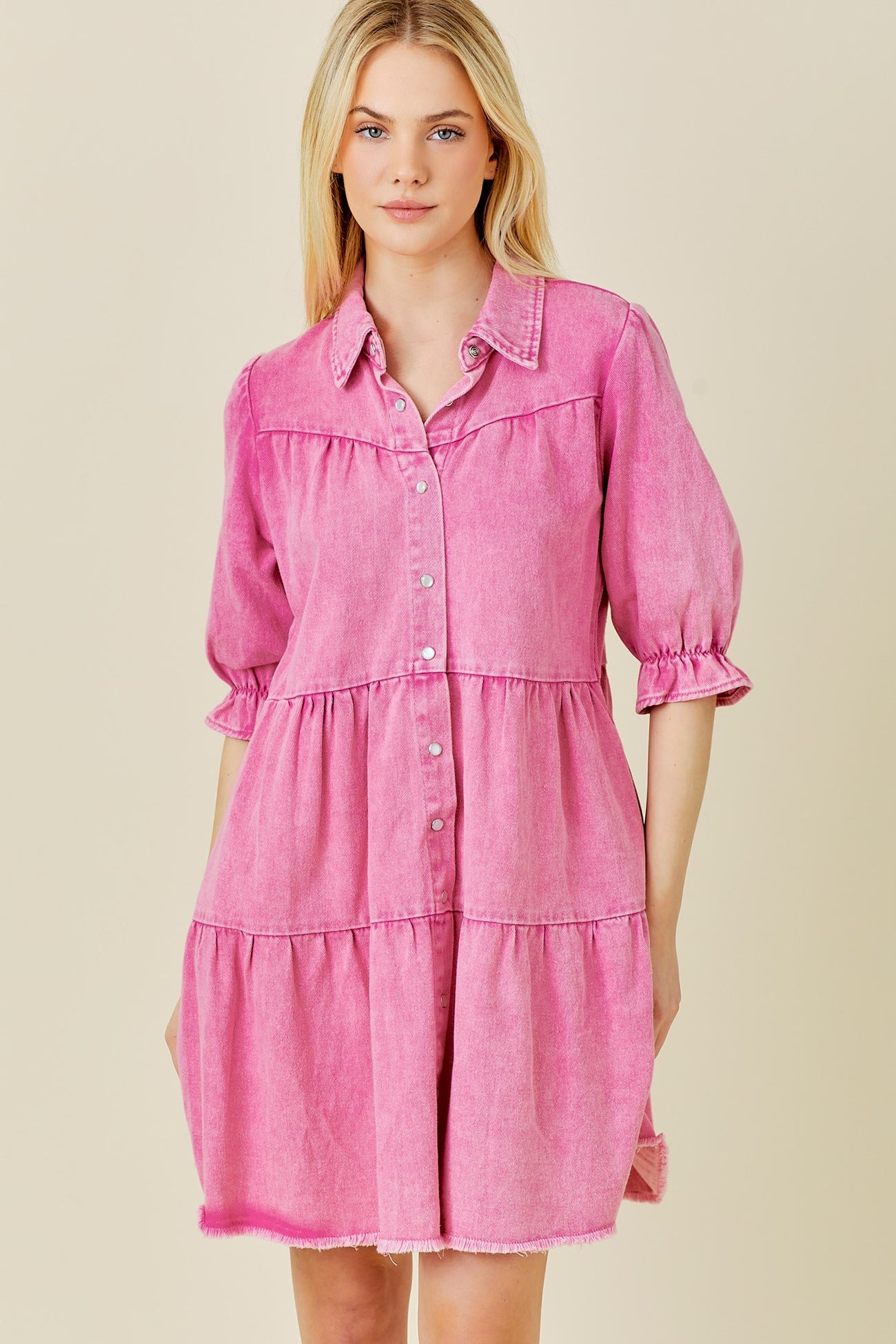 pink denim dress puff sleeve Pink Denim Collared Bubble Sleeve Dress Confetti Boutique