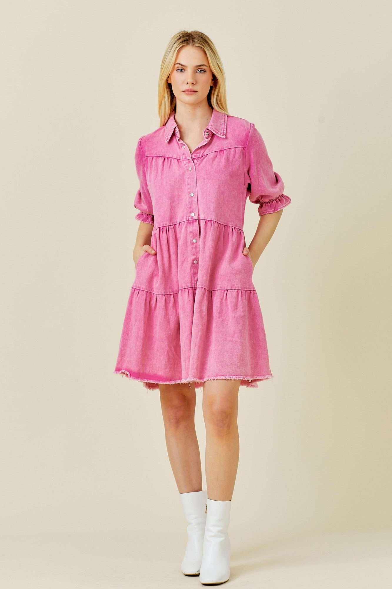 Pink Denim Tiered Button Down Dress